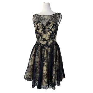 Vintage ‘90s May Queen Couture Black Lace A-Line Mini Dress w/ Rhinestones